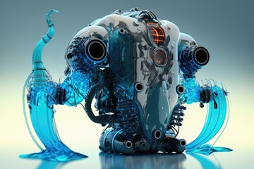 Poster - A Blue And White Robot With A Large Head Deep Sea Trench Kinetic Art Robotics Engineering  Generative AI 