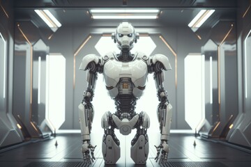 Poster - A Robot Standing In A Room With A Light Coming Through Factory Animation Robotics Engineering  Generative AI 