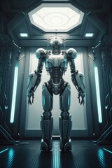 Poster - A Futuristic Robot Standing In A Doorway With Neon Lights Factory Animation Robotics Engineering  Generative AI 