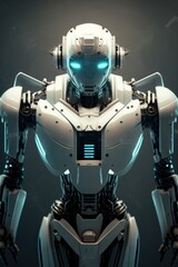 Poster - A Robot With A Glowing Face And Arms Standing In Front Of A Dark Background Car Repair Shop Stereoscopic Photography Robotics Engineering  Generative AI 