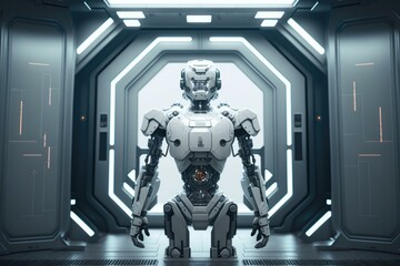 Poster - A Robot Standing In A Futuristic Looking Room With A Bright Light Arcade Animation Robotics Engineering  Generative AI 