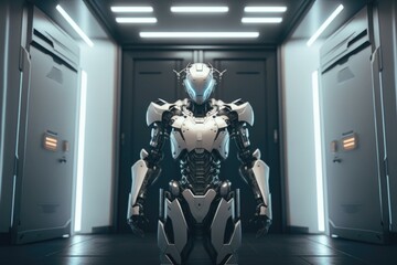 Poster - A Robot Standing In A Hallway In A Futuristic Building Arcade Animation Robotics Engineering  Generative AI 