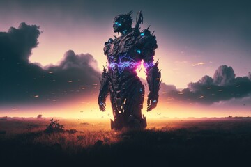 Poster - A Giant Robot Standing In A Field With A Sunset In The Background Junkyard Animation Robotics Engineering  Generative AI 