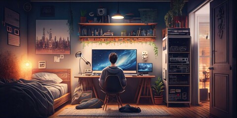 Poster - A Person Sitting At A Desk In Front Of A Computer Bedroom Photorealism Computer Graphics 