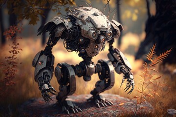 Poster - A Robot That Is Standing In The Grass Near Trees Junkyard Environmental Art Robotics Engineering  Generative AI 