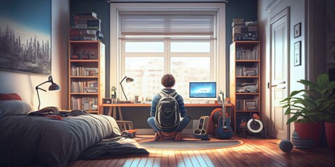 Aufkleber - a person sitting in a room with a computer bedroom photorealism computer graphics generative ai