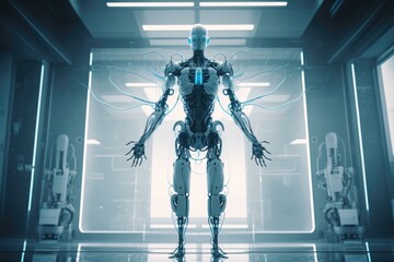 Poster - A Futuristic Humanoid Standing In A Futuristic Room With A Large Window Factory Animation Robotics Engineering  Generative AI 