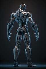 Poster - A Robot Standing In A Dark Room With His Arms Spread Out Car Repair Shop Photorealism Robotics Engineering  Generative AI 