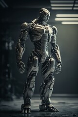 Poster - A Robot Standing In A Dark Room With A Light On Car Repair Shop Assemblage Robotics Engineering  Generative AI 