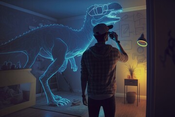 Fototapete - A Man Taking A Picture Of A Dinosaur In A Room Workshop Photorealism Augmented Reality 