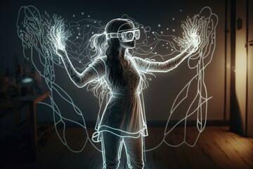 Poster - A Woman In A Virtual Reality Suit Standing In A Room Workshop Stereoscopic Photography Virtual Reality  Generative AI 