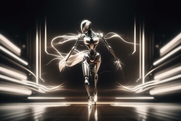 Poster - a woman in a futuristic suit is walking through a tunnel nightclub kinetic art robotics engineering