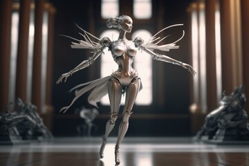 Poster - a woman in a futuristic fashion is walking through a hall hospital animation artificial intelligence
