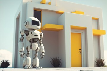 Poster - A Robot Standing In Front Of A House With A Yellow Door Beach House Animation Smart Homes  Generative AI 