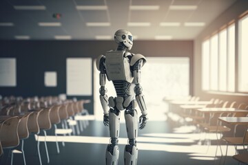 Poster - a robot standing in a classroom with rows of desks classroom animation robotics engineering generati