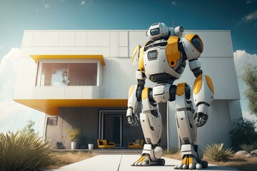 Poster - A Robot Standing In Front Of A House In A Futuristic Setting Workshop Animation Robotics Engineering  Generative AI 