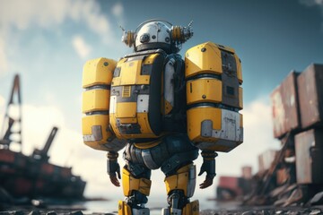 Poster - A Robot Standing In Front Of A Pile Of Boxes Construction Site Photorealism Artificial Intelligence  Generative AI 