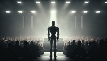 Poster - a robot standing in front of a crowd of people movie theater animation theater performance
