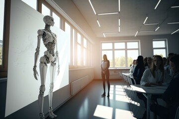 Poster - A Woman Standing In Front Of A Skeleton In A Room Workshop Animation Engineering Education 