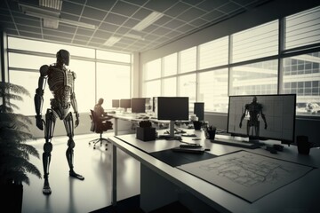 Poster - a skeleton standing in an office with a computer desk workshop advertising photography 3d modeling g