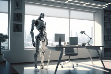 Poster - A Robot Standing In A Room With A Desk And A Chair Workshop Panoramic Photography Robotics Engineering  Generative AI 