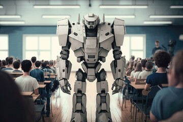 Poster - A Robot Standing In Front Of A Classroom Full Of People Classroom Constructivism Robotics Engineering  Generative AI 