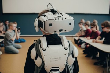 Poster - A Robot Is Standing In Front Of A Class Of Children Classroom Stereoscopic Photography Robotics Engineering  Generative AI 