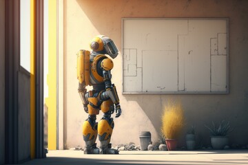 Poster - A Robot Standing In A Doorway With A Plant Construction Site Animation Robotics Engineering  Generative AI 