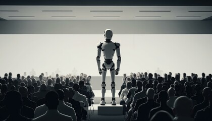 Fototapete - A Robot Standing In Front Of A Crowd Of People Conference Room Performance Art Stand-Up Comedy 