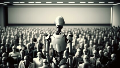 Poster - A Robot Standing In Front Of A Crowd Of People Conference Room Assemblage Artificial Intelligence  Generative AI 