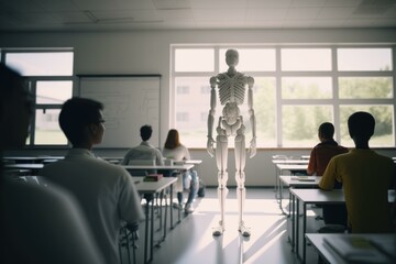 Poster - A Skeleton Standing In A Classroom With Students Sitting At Desks Classroom Animation Science Education 