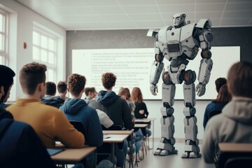 Poster - A Robot Standing In Front Of A Classroom Full Of Students Classroom Advertising Photography Robotics Engineering  Generative AI 