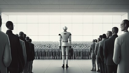 Poster - A Group Of People Standing In Front Of A Robot Factory Assemblage Robotics Engineering  Generative AI 