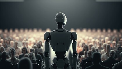 Poster - A Robot Standing In Front Of A Crowd Of People Conference Room Performance Art Artificial Intelligence 