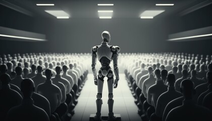 Poster - A Robot Standing In Front Of A Crowd Of People Factory Animation Animation Filmmaking  Generative AI 