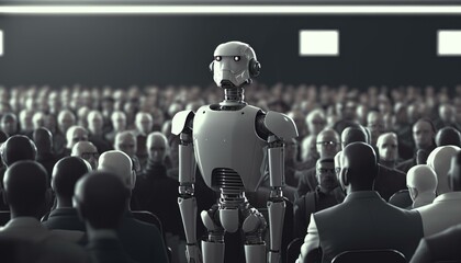 Fototapete - A Robot Standing In Front Of A Crowd Of People Workshop Performance Photography Natural Language Processing  Generative AI 
