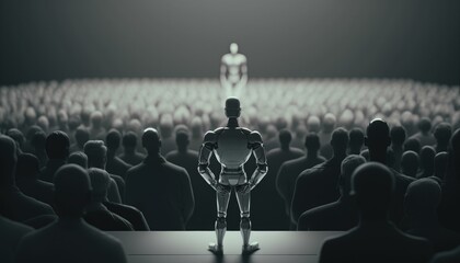 Poster - A Robot Standing In Front Of A Crowd Of People Factory Assemblage Robotics Engineering  Generative AI 