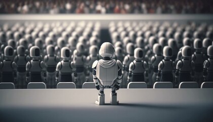 Poster - A Robot Standing In Front Of A Crowd Of People Conference Room Dadaism Influencer Marketing  Generative AI 