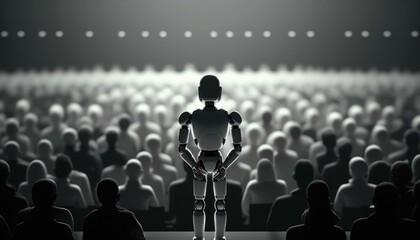 Poster - a robot standing in front of a crowd of people workshop performance art theater performance