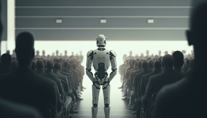 Poster - A Robot Standing In Front Of A Crowd Of People Conference Room Assemblage Artificial Intelligence  Generative AI 