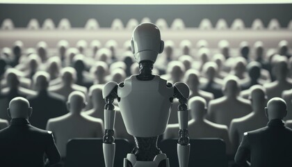 Poster - a robot standing in front of a crowd of people movie theater performance art artificial intelligence