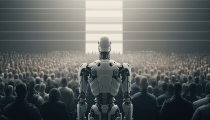 Poster - A Robot Standing In Front Of A Crowd Of People Factory Assemblage Robotics Engineering  Generative AI 