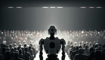 Poster - a robot standing in front of a crowd of people workshop performance art artificial intelligence