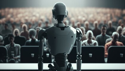 Poster - A Robot Standing In Front Of A Crowd Of People Conference Room Performance Art Artificial Intelligence 