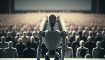 Poster - A Robot Standing In Front Of A Crowd Of People Workshop Assemblage Artificial Intelligence  Generative AI 