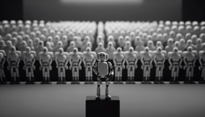 Poster - A Small Toy Standing In Front Of A Group Of People Factory Assemblage Artificial Intelligence  Generative AI 