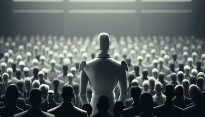 Poster - A Robot Standing In Front Of A Crowd Of People Conference Room Assemblage Robotics Engineering  Generative AI 