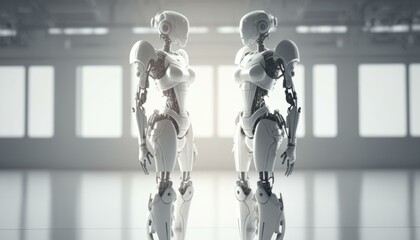 Poster - A Robot Standing Next To Another Robot In A Room Workshop Animation Robotics Engineering  Generative AI 