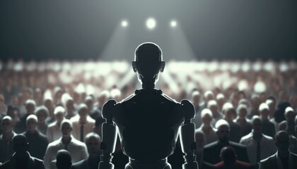 Poster - A Robot Standing In Front Of A Crowd Of People Workshop Performance Photography Artificial Intelligence 