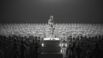 Poster - a human figure standing on a pedestal in front of a crowd factory animation political campaign manag